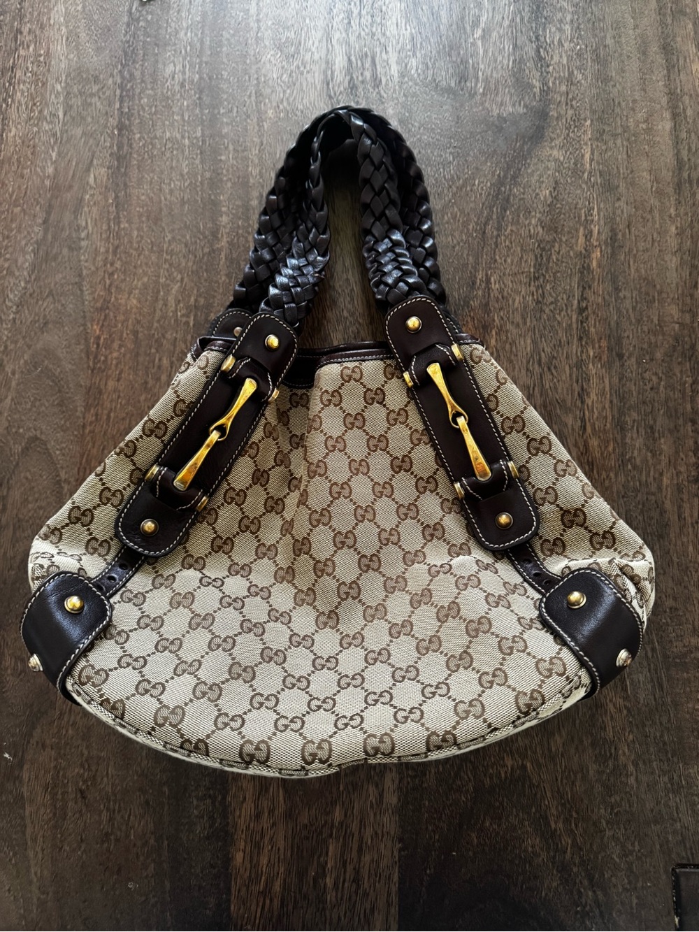Vintage Gucci Beige GG Canvas Pelham Shoulder Bag with Brown Braided Handles